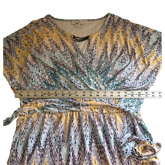 Jessica Simpson Muti-Colored Faux Wrap Dress V Neck Chain Accent, Size 12 - Picture 6 of 11